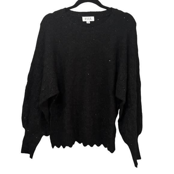 Elle Black Sequin Sweater Sparkly Party Holiday Top Scalloped Hem Dolman - Picture 1 of 9